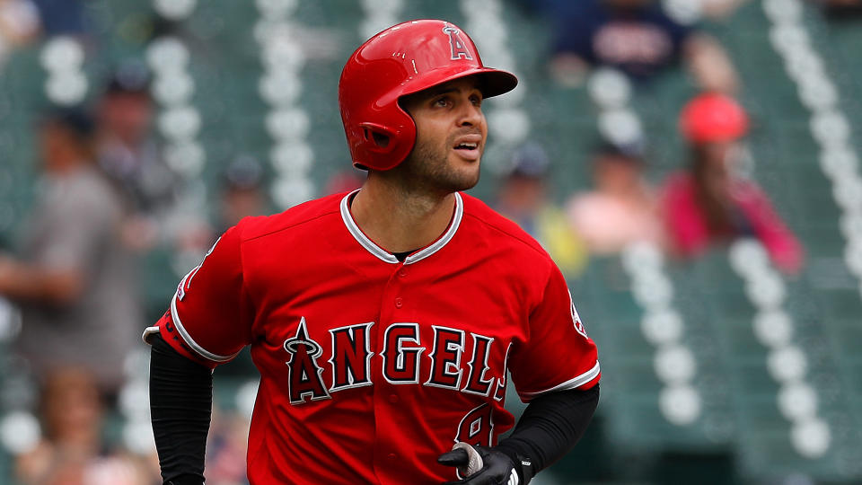 Los Angeles Angels' Tommy La Stella runs out an at bat in the second inning of a baseball game against the Detroit Tigers in Detroit, Thursday, May 9, 2019. (AP Photo/Paul Sancya)