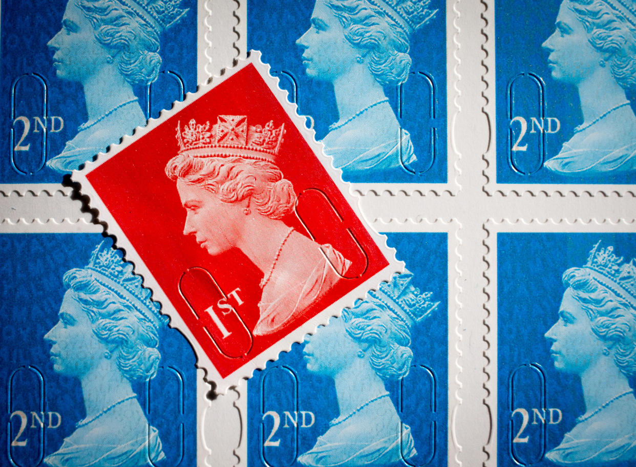 BATH, ENGLAND - FEBRUARY 29:  In this photo illustration first and  second class postage stamps are displayed on February 29, 2016 in Bath, England. Royal Mail, recently privatised, is set to raise the price of stamps by 1p. The increases that take affect from 29 March, will mean a first class stamp will now cost 64p and a second class stamp will now be 55p.  (Photo by Matt Cardy/Getty Images)