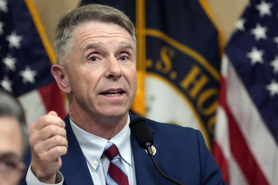 FILE - Rep. Rob Wittman, R-Va., questions witnesses during a congressional hearing, on Capitol Hill, Tuesday, Feb. 28, 2023, in Washington. A fake clip circulating on TikTok showed Wittman, vice chairman of the U.S. House Armed Services Committee, promising stronger U.S. military support for Taiwan if the incumbent party's candidates were elected in January, 2024. (AP Photo/Alex Brandon, File)