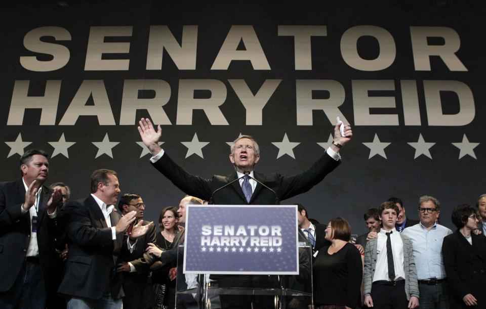 FILE - Sen. Harry Reid, D-Nev., speaks during the Nevada State Democratic election night party after defeating Sharron Angle to win re-election Nov. 2, 2010, in Las Vegas. Reid, who was the Senate majority leader from 2007 to 2015, helped pool resources to maximize support for candidates up and down the ballot. Reid died on Dec. 28, 2021. (AP Photo/Jae C. Hong, File)