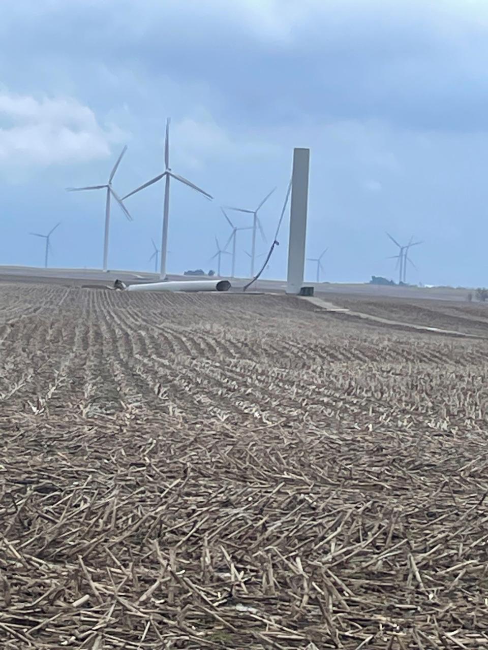 Storms that blew through Benton County, Indiana, on Friday, March 31, 2023, caused damage to houses, power lines and this wind turbine, which was blown down.