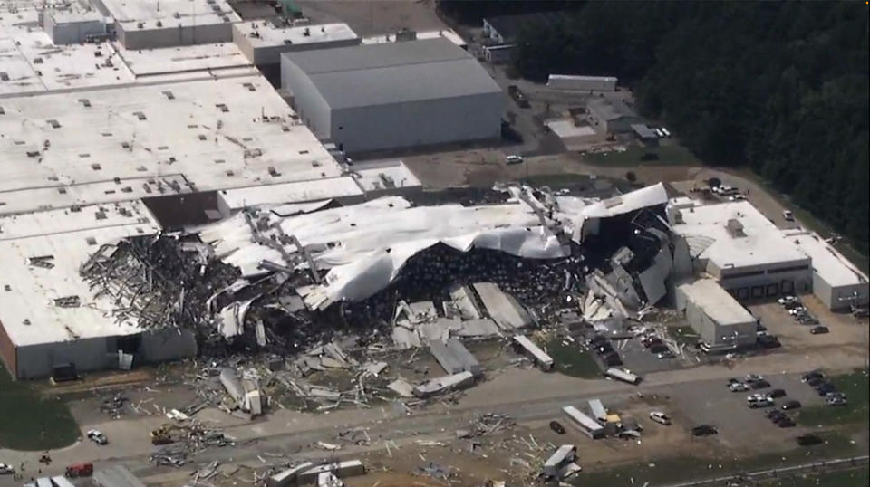 The Pfizer plant is damaged after severe weather passed the area on Wednesday, July 19, 2023 in Rocky Mount, N.C. (WTVD via AP)