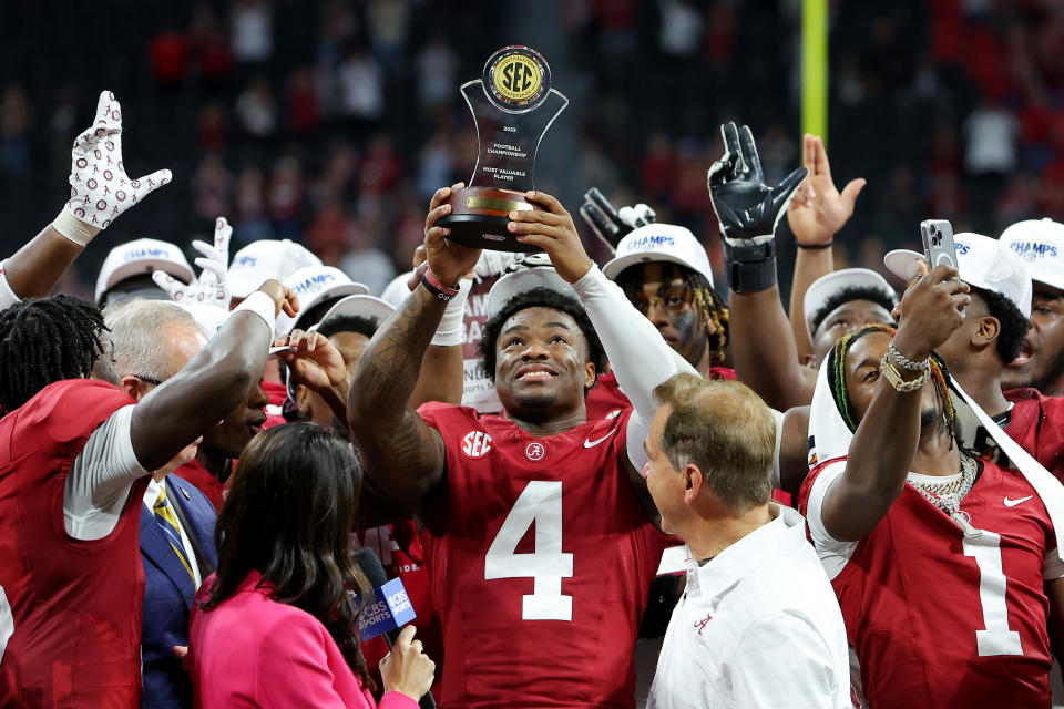 Jalen Milroe and Alabama are hoping their SEC title win Saturday will be enough to get them into the College Football Playoff. (Kevin C. Cox/Getty Images)