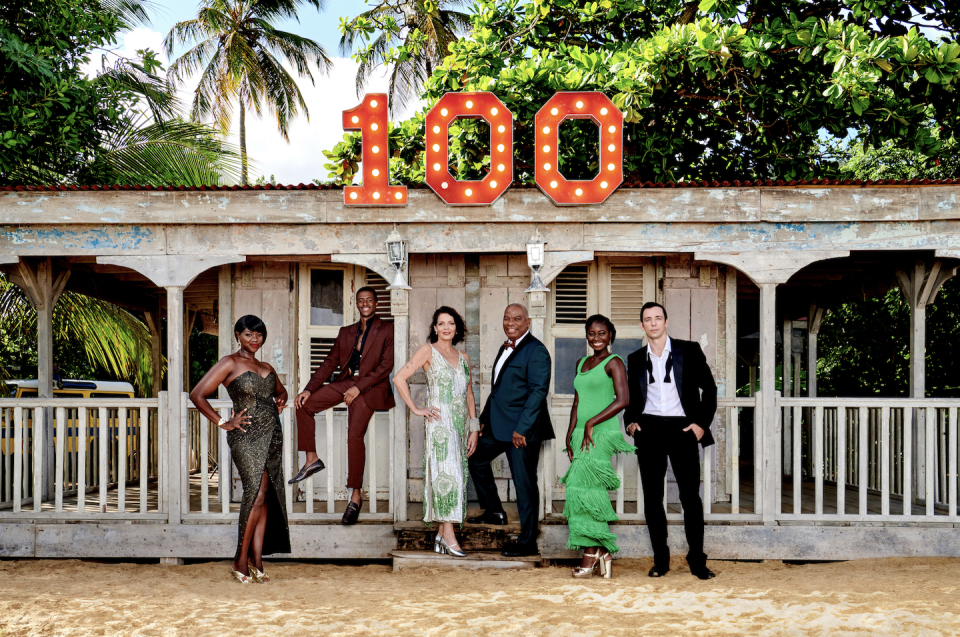 ginny holder, tahj miles, shantol jackson, elizabeth bourgine, don warrington and ralf little in death in paradise 100th episode