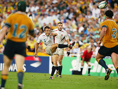 Jonny Wilkinson brought the curtain down on a stunning career by helping Toulon to their first Top 14 success in 22 years. He is one of the true greats of English rugby. Wilkinson was an integral member of the 2003 Rugby World Cup-winning England squad, scoring the winning drop-goal in the last minute of extra time against Australia in the final (pictured). He then came back from several injuries to lead England to the final of the 2007 World Cup.