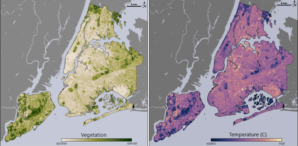 Comparing maps of New York City’s vegetation and temperature shows the cooling effect of parks and neighborhoods with more trees. <a href="https://climate.nasa.gov/faq/44/can-you-explain-the-urban-heat-island-effect/" rel="nofollow noopener" target="_blank" data-ylk="slk:NASA/USGS Landsat;elm:context_link;itc:0;sec:content-canvas" class="link ">NASA/USGS Landsat</a>