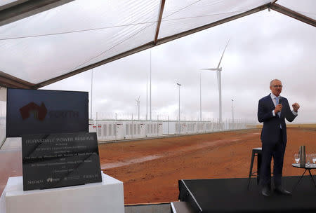 South Australian Premier, Jay Weatherill speaks as he stands next to a plaque during the official launch of the Hornsdale Power Reserve, featuring the world's largest lithium ion battery made by Tesla, near the South Australian town of Jamestown, in Australia, December 1, 2017. REUTERS/David Gray