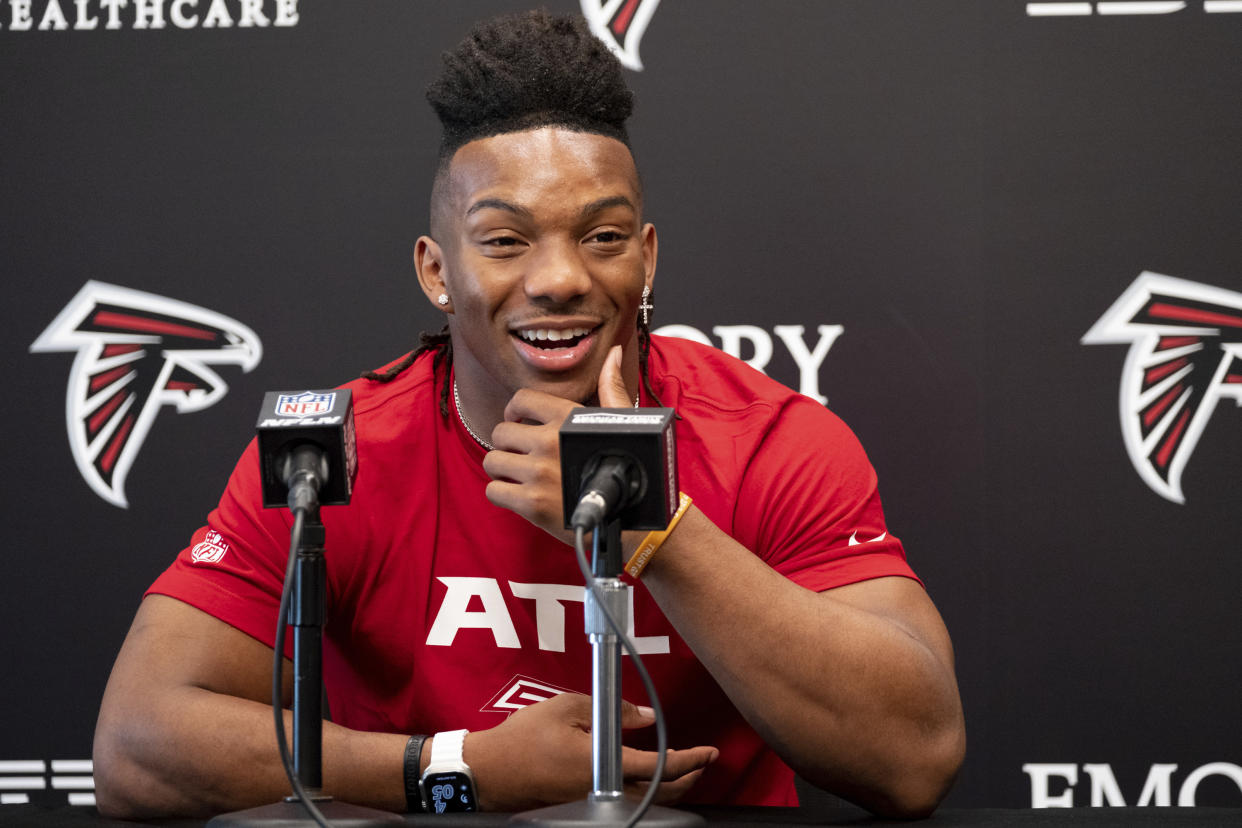 Atlanta Falcons first-round draft pick Bijan Robinson speaks at a news conference. (AP Photo/Ben Gray)