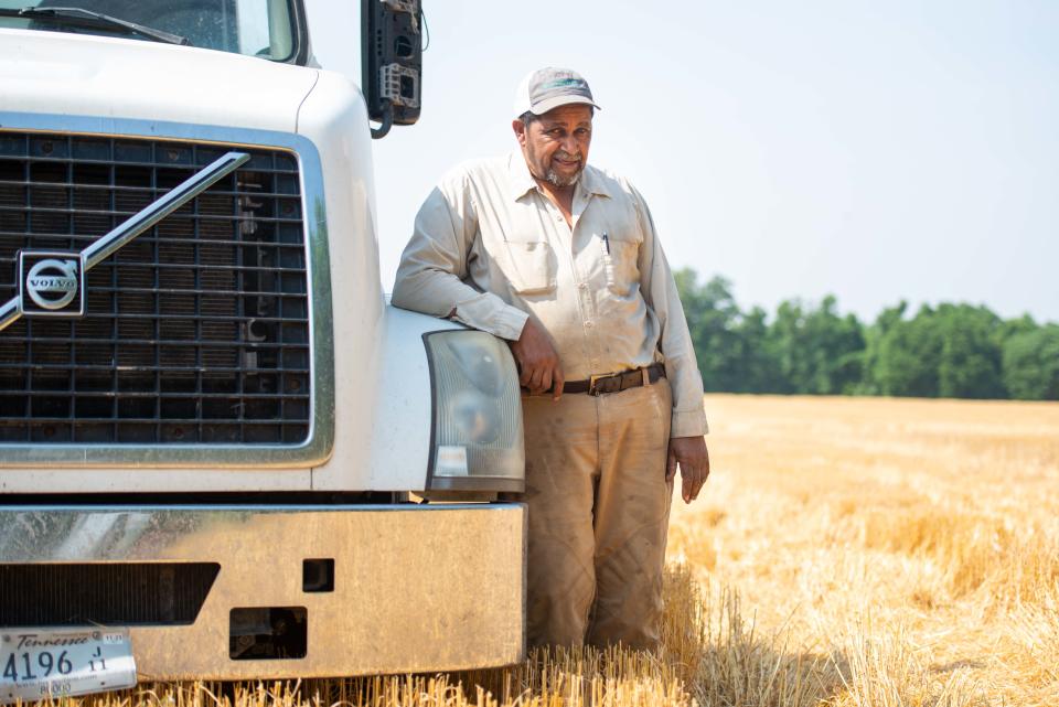 Farmer Marvin Sanderlin leans against a hauling truck in the middle of his family's wheat farm in Stanton, Tennessee on Friday, Jun. 9, 2023.