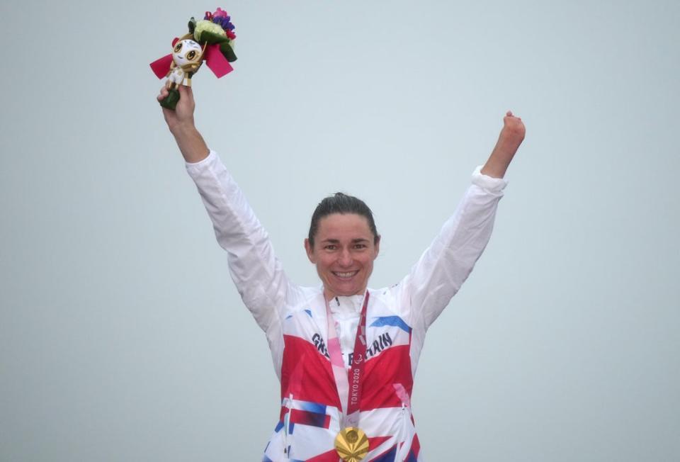 Great Britain’s Dame Sarah Storey celebrates winning the gold medal in the women’s C4-5 road race at the Fuji International Speedway during day nine of the Tokyo 2020 Paralympic Games in Japan (Tim Goode/PA) (PA Wire)