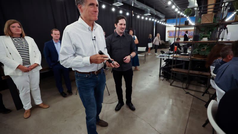 Sen. Mitt Romney, R-Utah, gets ready to speak at RevRoad in Provo on Wednesday, Aug. 23, 2023.