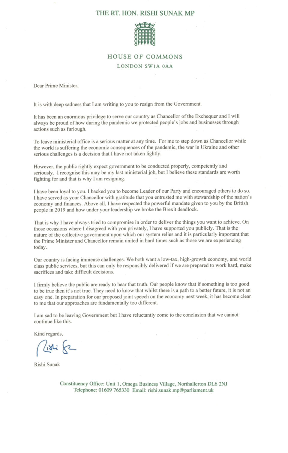 Handout photo of the letter sent by Chancellor of the Exchequer Rishi Sunak to Prime Minister Boris Johnson offering his resignation and writing on Twitter: 