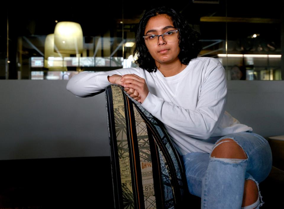 University of Michigan freshman Padma Danturty, 19, poses for a photo in the lobby of her dorm room on Saturday, Feb. 12, 2022. Danturty is a documented dreamer, a child of legal immigrants on temporary work visas who have lived in the US most of their lives, but face deportation upon turning 21.