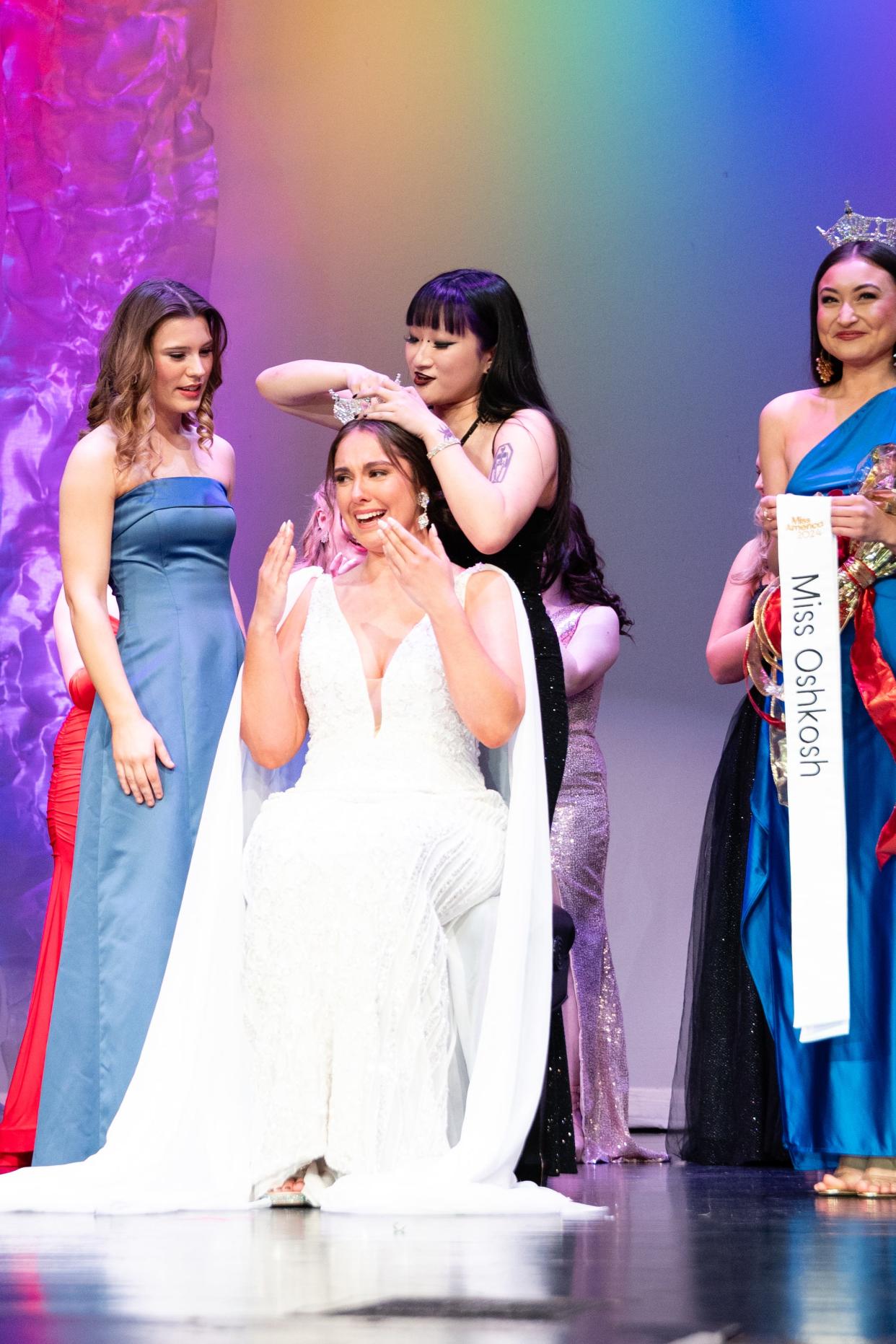 Dreams come true!: Addy Wachholz is crowned Miss Oshkosh 2024 by outgoing Miss Oshkosh 2023 Taylor Swanson