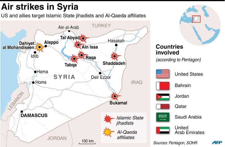 Map of Syria showing air strikes by the US and allies on IS jihadists and Al-Qaeda affiliates