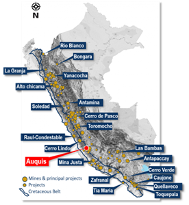 Location of the Auquis Property in Peru and within the Coastal Copper belt.