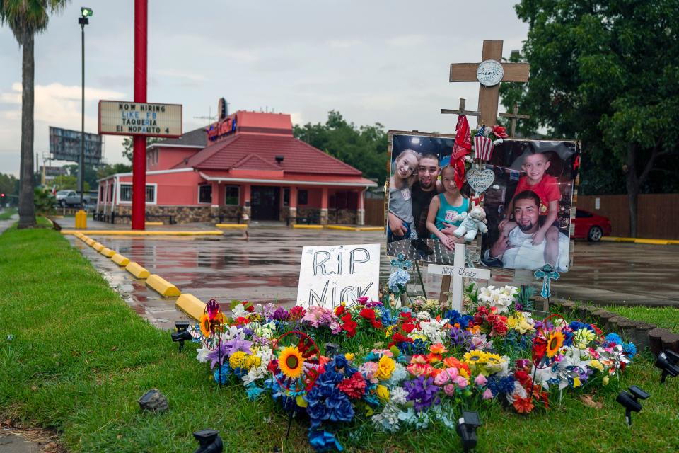 A tribute to Nicolas Chavez, 27, who was shot and killed April 21 by several police officers during a confrontation in Denver Harbor, sits at the site of the shooting along Interstate 10, Thursday, Sept. 10, 2020.