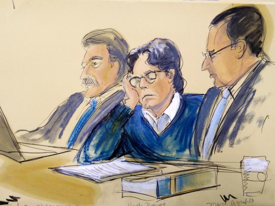 Keith Raniere (centre) in a court sketch dated 18 June 2019, made during closing arguments in Brooklyn federal courtElizabeth Williams via AP