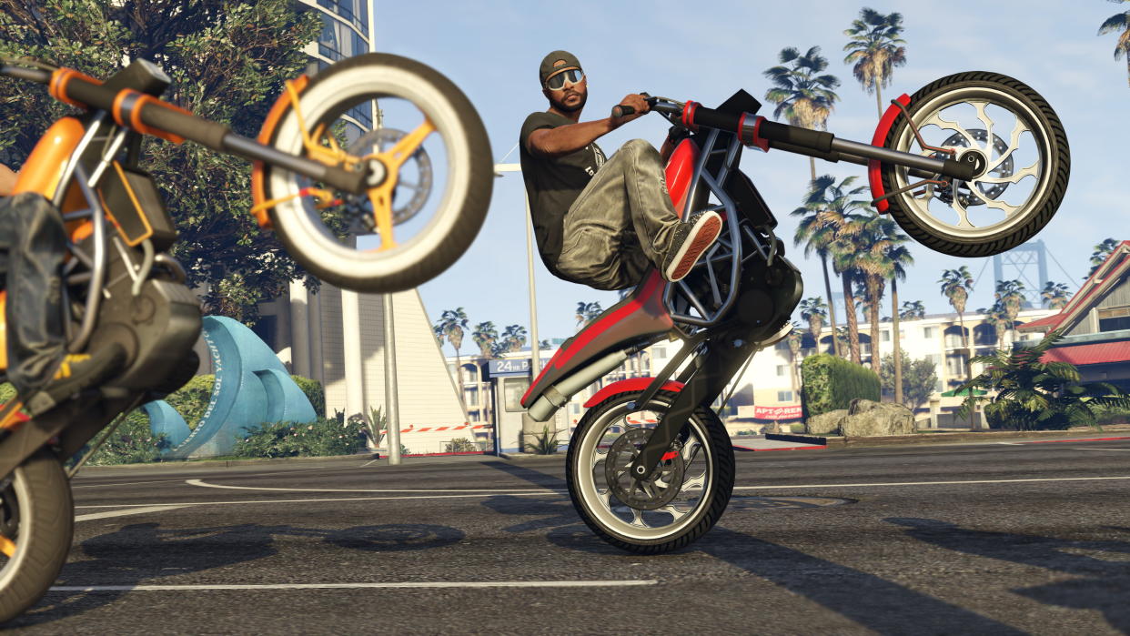  A motorcycle wheelie in GTA 5. 