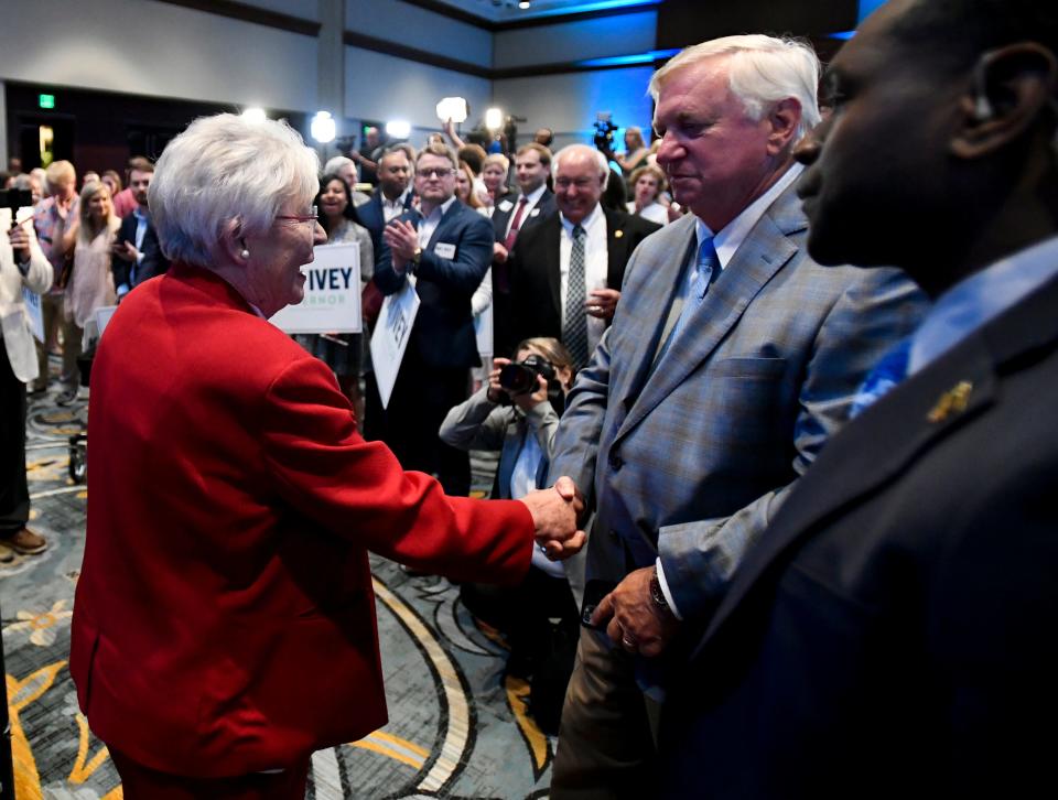 Alabama Governor Kay Ivey greets supporters after she declares victory in her republican primary race as she speaks at her election watch party in Montgomery, Ala., on Tuesday May 24, 2022. 