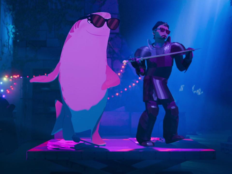 ballister and nimona, as a pink shark, dance inside a darkly lit room illuminated with bright string lights. they're both wearing sunglasses