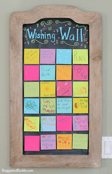 <p>This wishing wall makes for a reflective and fun New Year's activity for kids of all ages (and the grownups, too). Everyone writes (or draws) their wishes on bits of paper or sticky notes, displaying them proudly to welcome the new year. </p><p><em><a href="https://buggyandbuddy.com/new-years-eve-kids-wishing-wall-activity/" rel="nofollow noopener" target="_blank" data-ylk="slk:Get the idea at Buggy and Buddy»;elm:context_link;itc:0;sec:content-canvas" class="link ">Get the idea at Buggy and Buddy» </a></em></p>