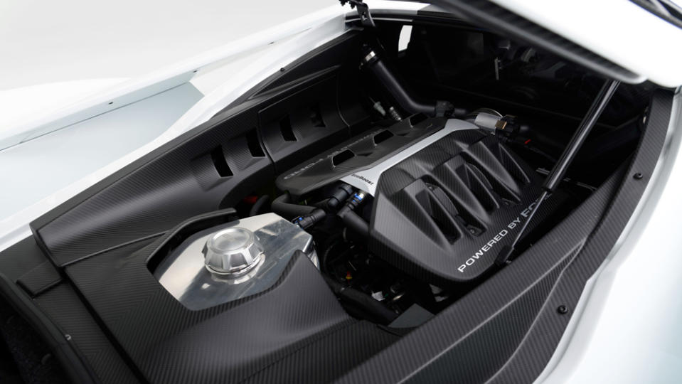The 660 hp, 3.5-liter V-6 engine inside a 2020 Ford GT Carbon Series supercar.