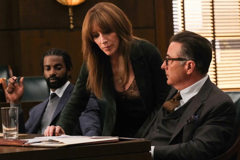 Mo McRae, left, Katey Sagal and Andy Garcia in a courtroom on "Rebel" on ABC.