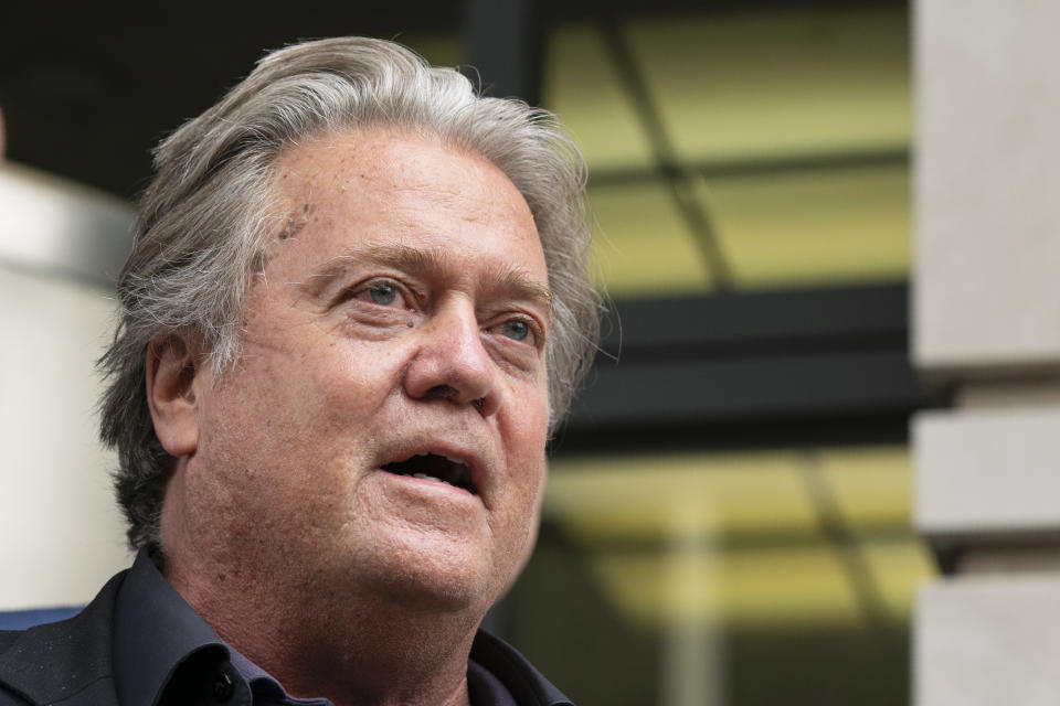 Former White House strategist Steve Bannon, speaks outside the Federal Courthouse in Washington, Monday, July 18, 2022. Jury selection began Monday in the trial of Steve Bannon, a one-time top adviser to former President Donald Trump. He is facing criminal contempt of Congress charges after refusing for months to cooperate with the House committee investigating the Jan. 6, 2021, Capitol insurrection. (AP Photo/Manuel Balce Ceneta)