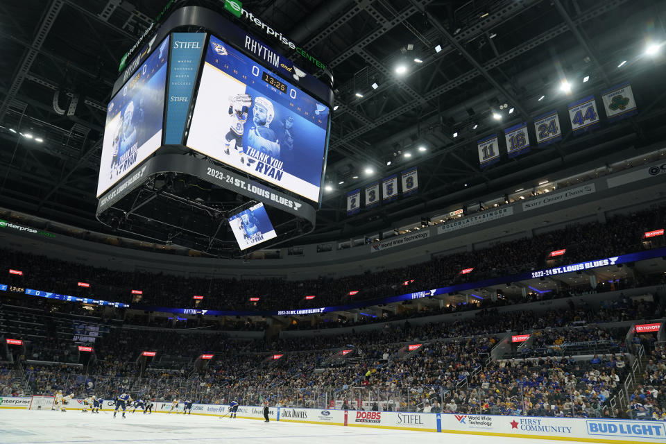 A message for former St. Louis Blues captain Ryan O'Reilly is seen during the first period of an NHL hockey game between the St. Louis Blues and the Nashville Predators on Friday, Nov. 24, 2023, in St. Louis. O'Reilly now plays for the Predators. (AP Photo/Jeff Roberson)