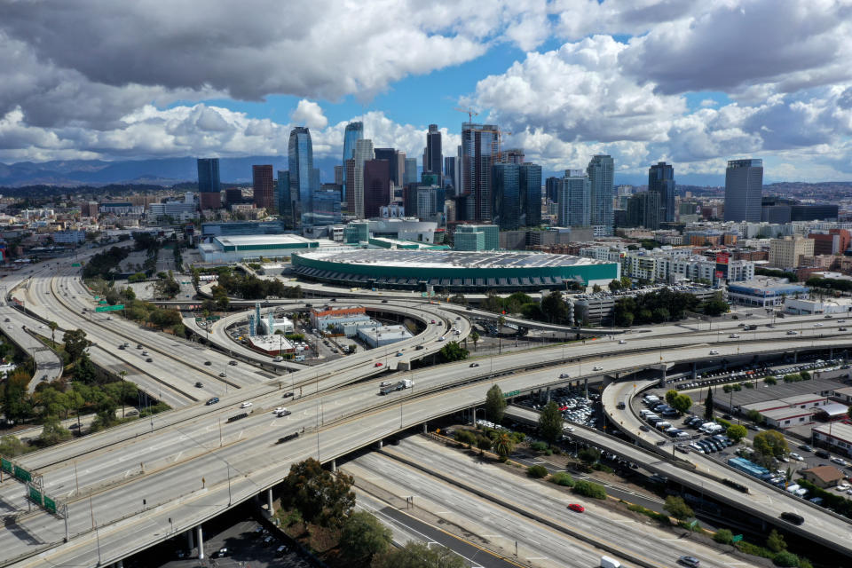 A general view of freeways leading into downtown Los Angeles after California issued a stay-at-home order due to coronavirus disease (COVID-19) in Los Angeles, California, on March 23, 2020.  (Lucy Nicholson/Reuters)