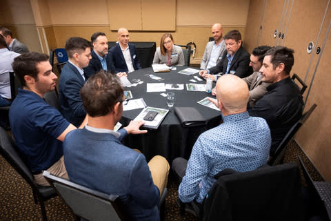 NMG’s Director of Procurement, VP Bécancour Project and VP Communications & ESG Strategy meet with contractors and suppliers during a breakout session at a recent networking event. (Photo: Business Wire)