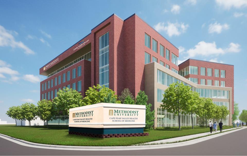 A rendering shows what a medical school on Village Drive that is in partnership between Cape Fear Valley Health and Methodist University will look like.
