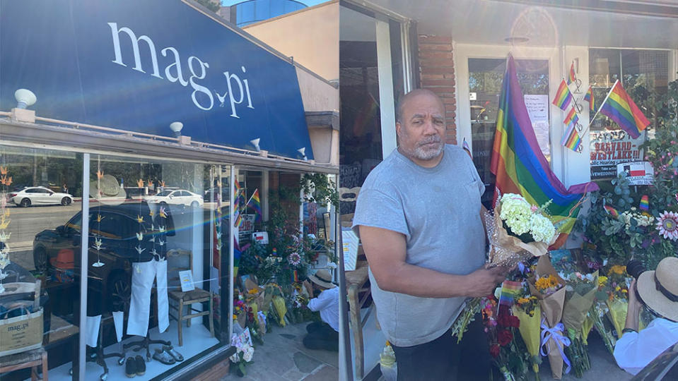 Alan Carter leaves a bouquet of flowers for Laura Ann Carleton outside her shop, Mag.Pi, in Studio City, California, on Aug. 23, 2023.