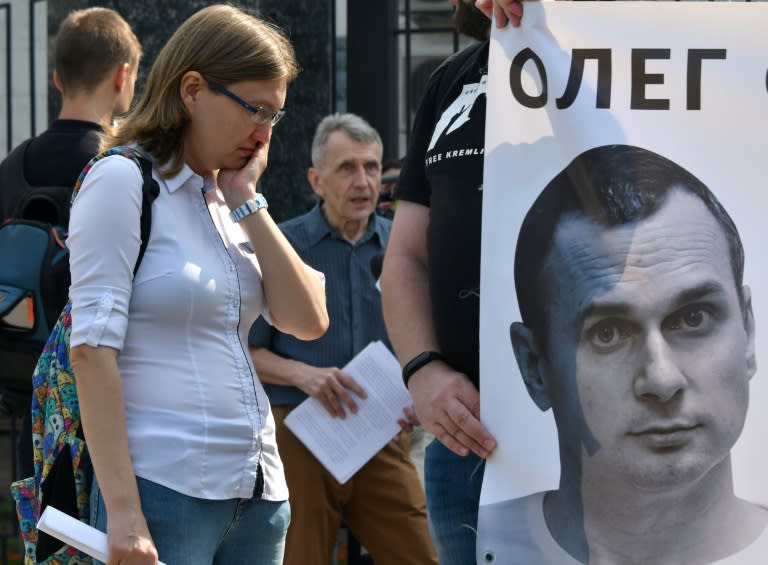 Ukrainian filmmaker Oleg Sentsov's cousin Natalia Kaplan at a demonstration in front of the Russian embassy in Kiev on Tuesday