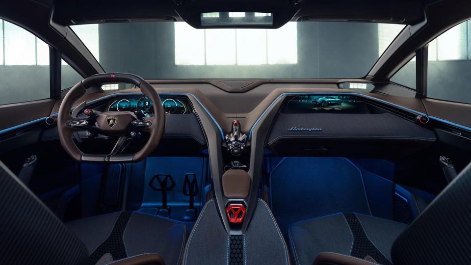 2028 lamborghini lanzador interior with blue accents and a space age steering wheel