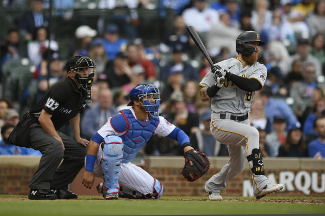 Yoshi Tsutsugo of the Pittsburgh Pirates hits an RBI single in the