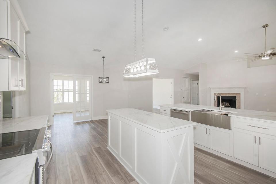 The kitchen is brimming with natural light.