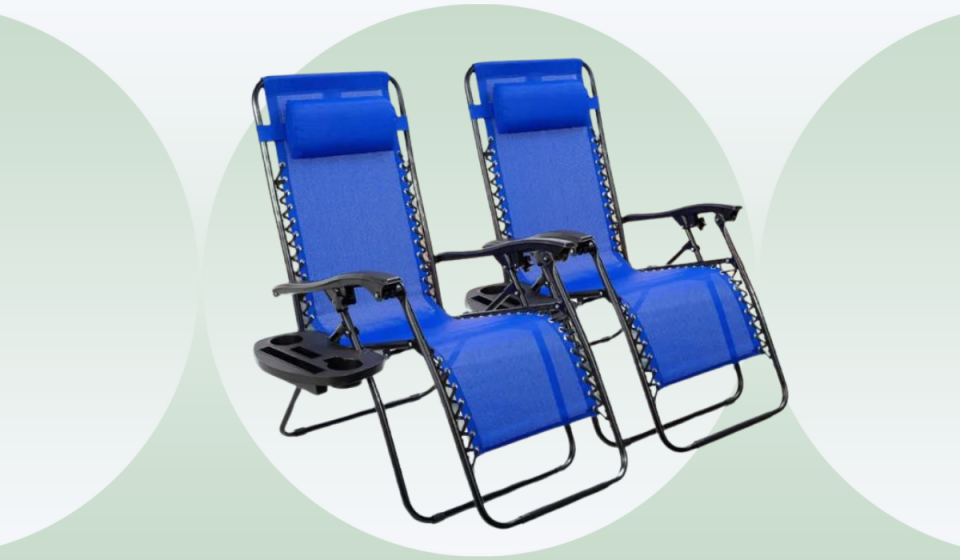 Two blue zero-gravity chairs