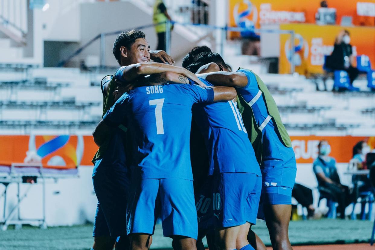 Lion City Sailors players celebrate after defeating Daegu FC 3-0 in their AFC Champions League Group F match in Buriram, Thailand. (PHOTO: Lion City Sailors/Facebook)