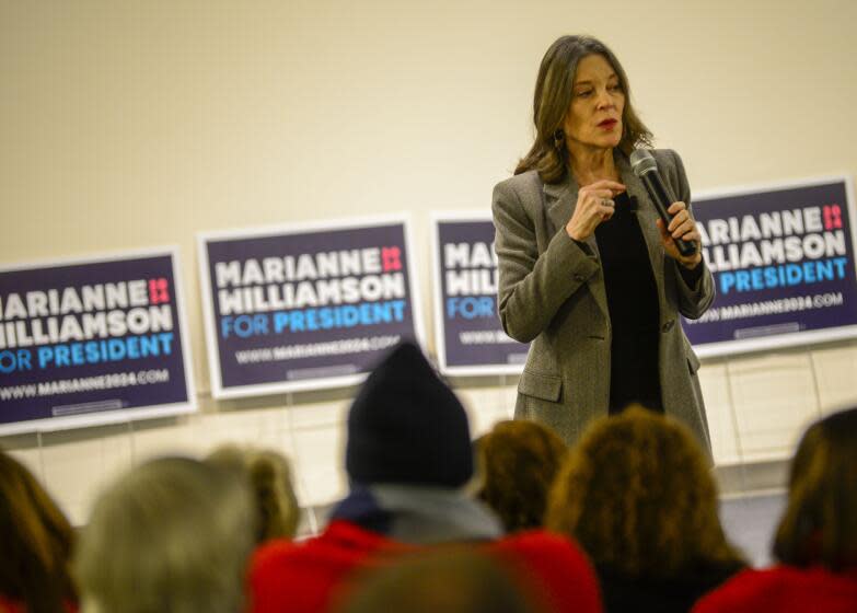 Democratic presidential hopeful Marianne Williamson speaks a campaign stop at the Keene Public Library in Keene, N.H., Thursday, Jan. 18, 2024. (Kristopher Radder/The Brattleboro Reformer via AP)