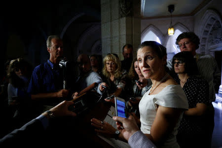 Canada's Foreign Minister Chrystia Freeland speaks to journalists about the ongoing NAFTA talks involving the United States, Mexico and Canada, on Parliament Hill in Ottawa, Ontario, Canada September 25, 2017. REUTERS/Chris Wattie