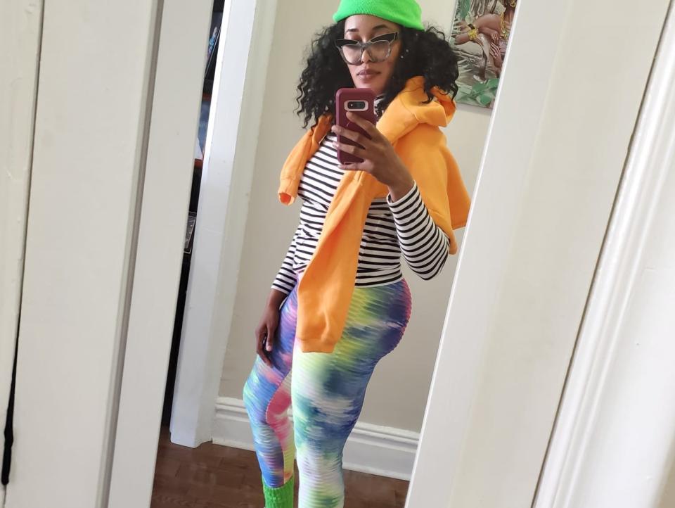 Sandra wearing bright, colorful leggings