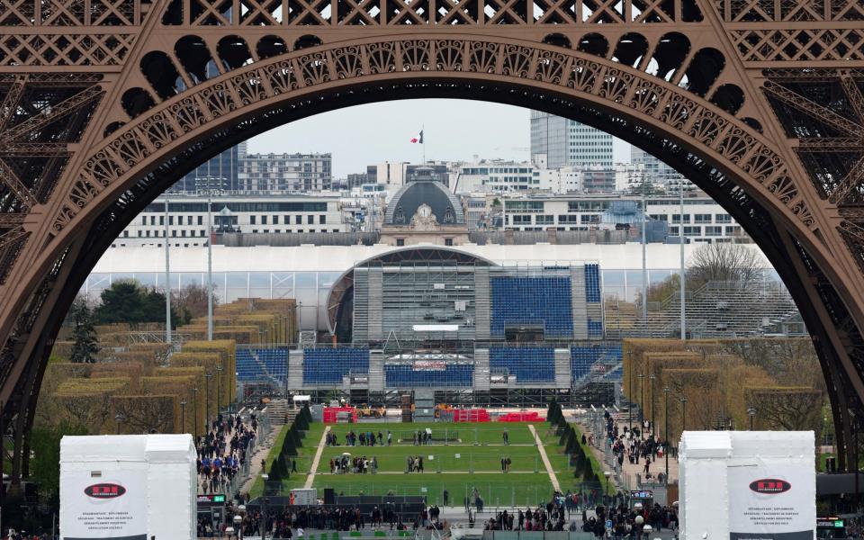 The Eiffel Tower Stadium, Champ de Mars Arena and Grand Palais Ephemere venues which are under construction for the Paris 2024 Olympic and Paralympic Games