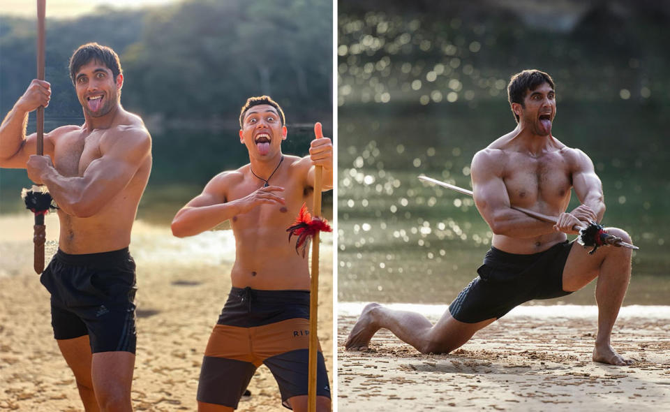 L: Ethan Browne and Kawakawa Fox-Reo pose with taiaha on the set of Home and Away. R: Ethan Browne performs taiaha as his character Tane Parata