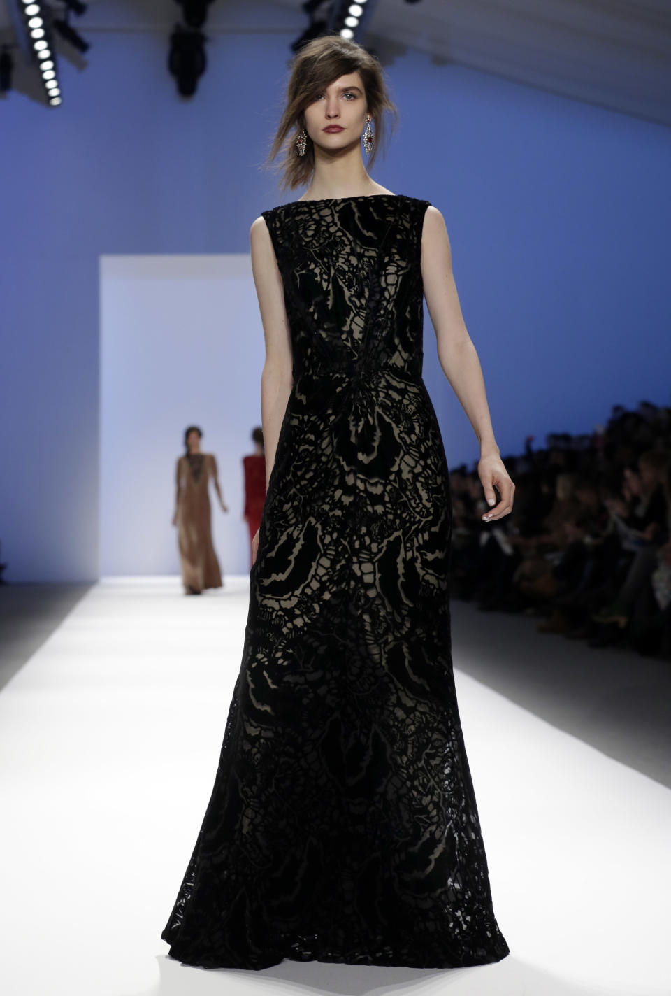 The Tadashi Shoji Fall 2013 collection is modeled during Fashion Week in New York on Thursday, Feb. 7, 2013. (AP Photo/Richard Drew)