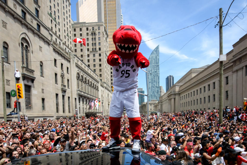 Toronto Raptors mascot reacts during the Toronto Raptors Championship parade on June 13, 2019 in Toronto, ON, Canada. (Photo by Julian Avram/Icon Sportswire via Getty Images)