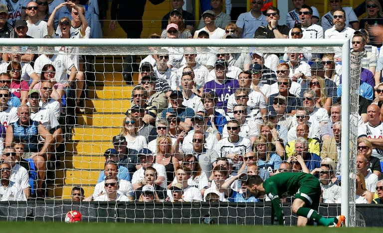 Tottenham Hotspur goalkeeper Hugo Lloris watches the ball roll into the net during the English Premier League match against Southampton at White Hart Lane in London, on May 8, 2016