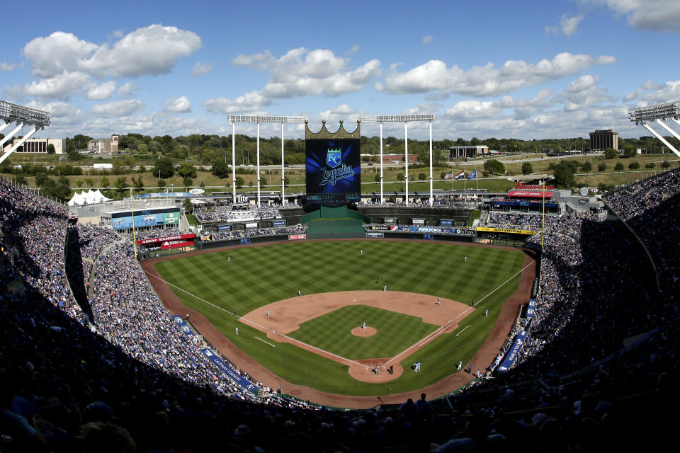 A general view of Kauffman Stadium during a baseball game between the Kansas City Royals and the Cleveland Indians Sunday, Sept. 27, 2015, in Kansas City, Mo. The Royals won 3-0. (AP Photo/Charlie Riedel)