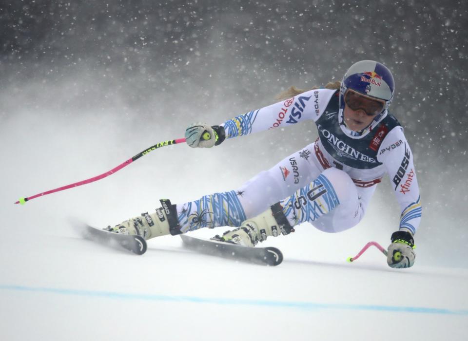 United States' Lindsey Vonn speeds down the course during the downhill portion of the women's combined, at the alpine ski World Championships in Are, Sweden, Friday, Feb. 8, 2019. (AP Photo/Alessandro Trovati)